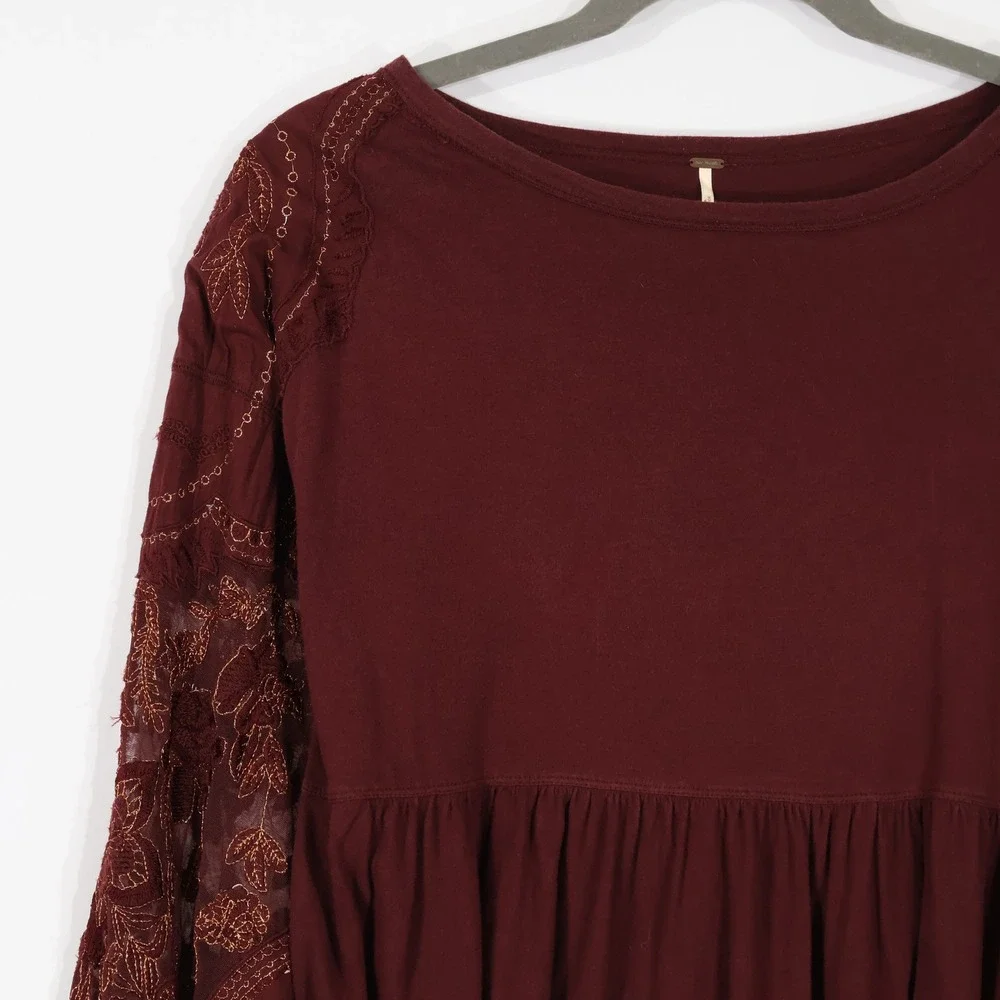 Free People Embroidered Mesh Sleeve Top Women Small Maroon Boho Babydoll